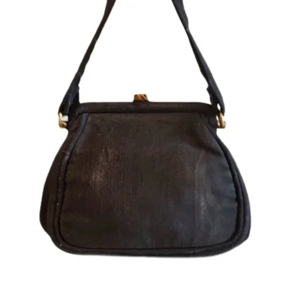 1950s Vintage Small Black Fabric And Tapestrty Scenic Handbag Top Handle Purse - Picture 3 of 8